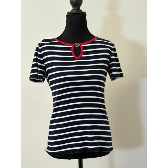 Tommy Hilfiger Navy Blue Striped Short Sleeve Sweater W/Red V-neck - Picture 1 of 3